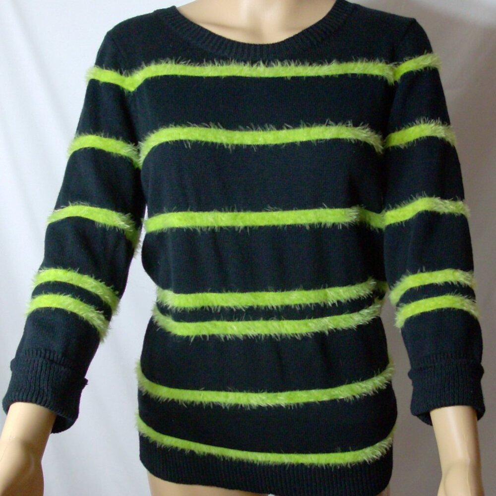J.J. Basics Black sweater with Lime Green Fur/Fuzzy Stripes Size L